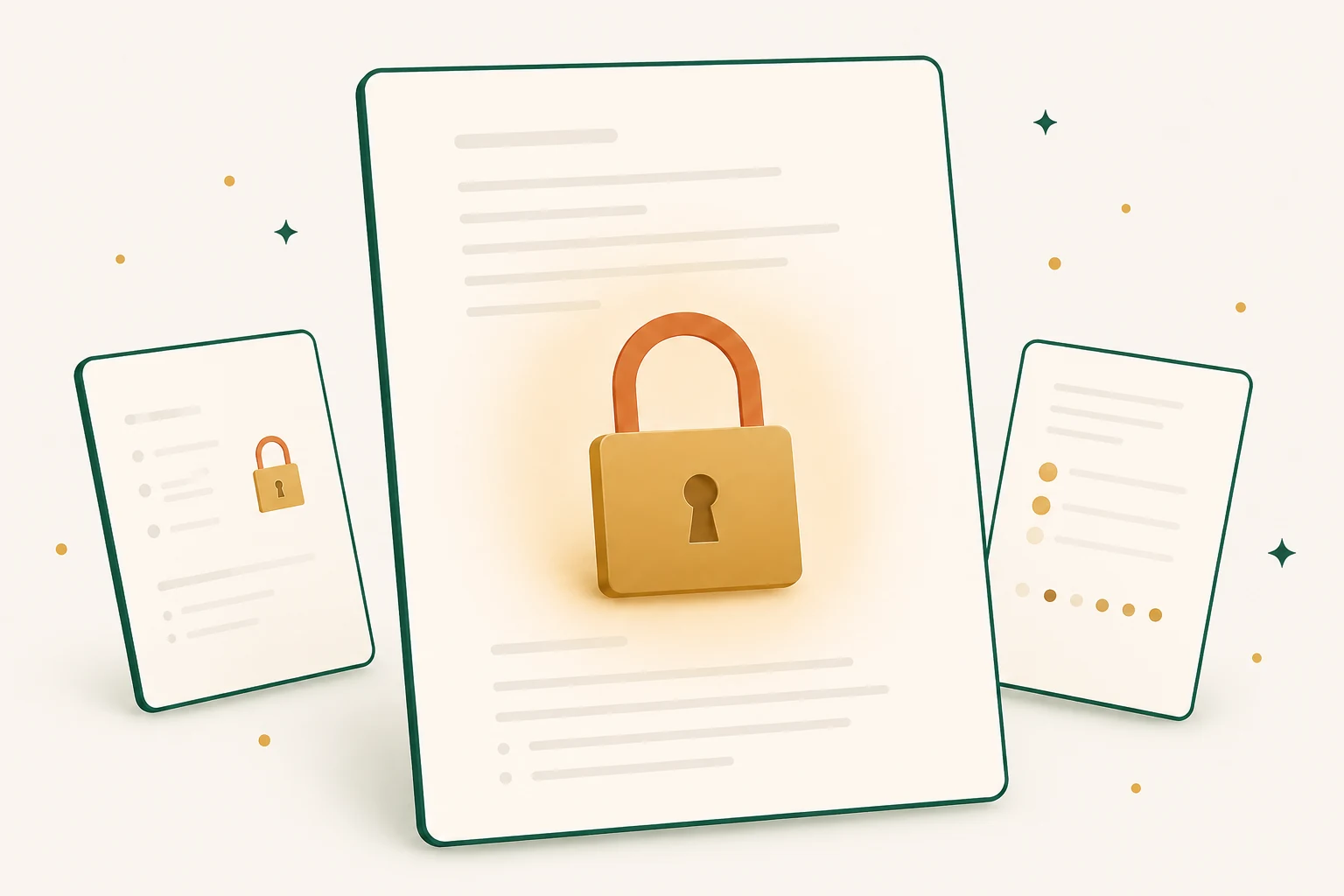 Document protégé par un cadenas doré, entouré de documents satellites et d'un halo de surveillance